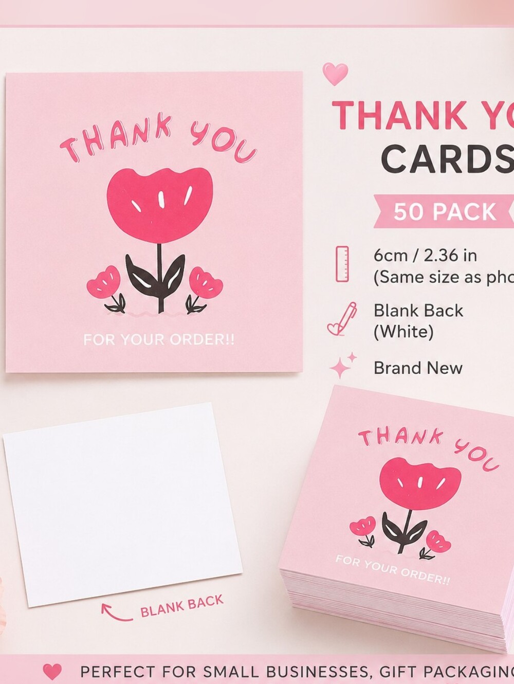 3 bundles for $25 Thank You Cards Pack - Pink Floral Design (50 Pack)